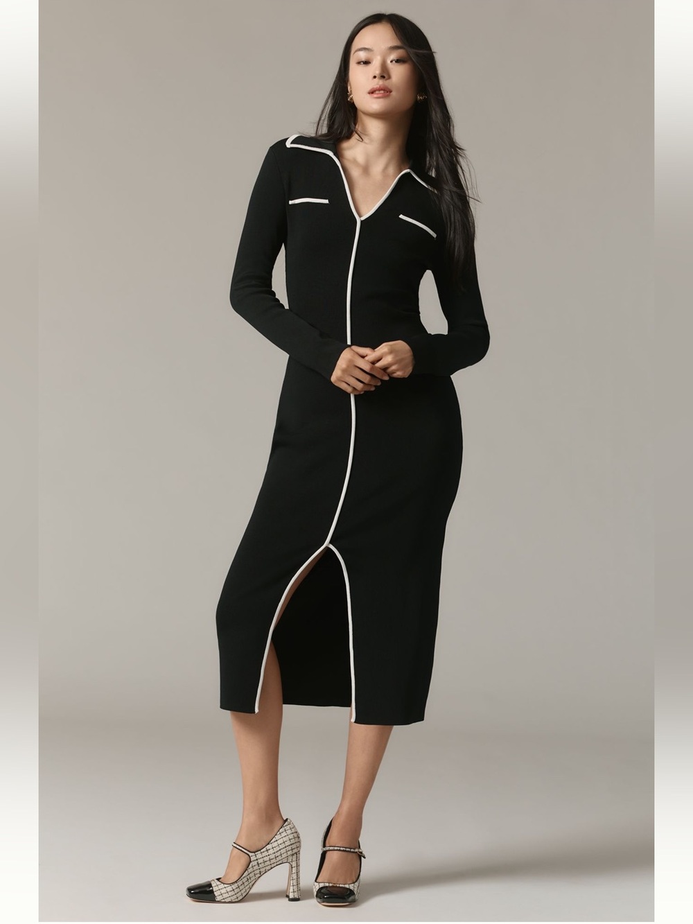 Endless Rose Black Knit Midi Dress with White Piping